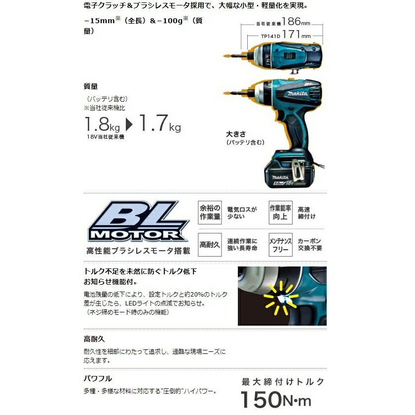 マキタ TP141D 充電式4モードインパクトドライバ バッテリー1個付き【市川行徳店】【店頭取引限定】【中古】管理番号：ITIKYEXDD470 マキタ（makita） TP141D18V充電式4モードインパクトドライバTP141本体